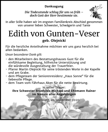 Traueranzeige von Edith von Gunten-Veser von Mitteldeutsche Zeitung Köthen