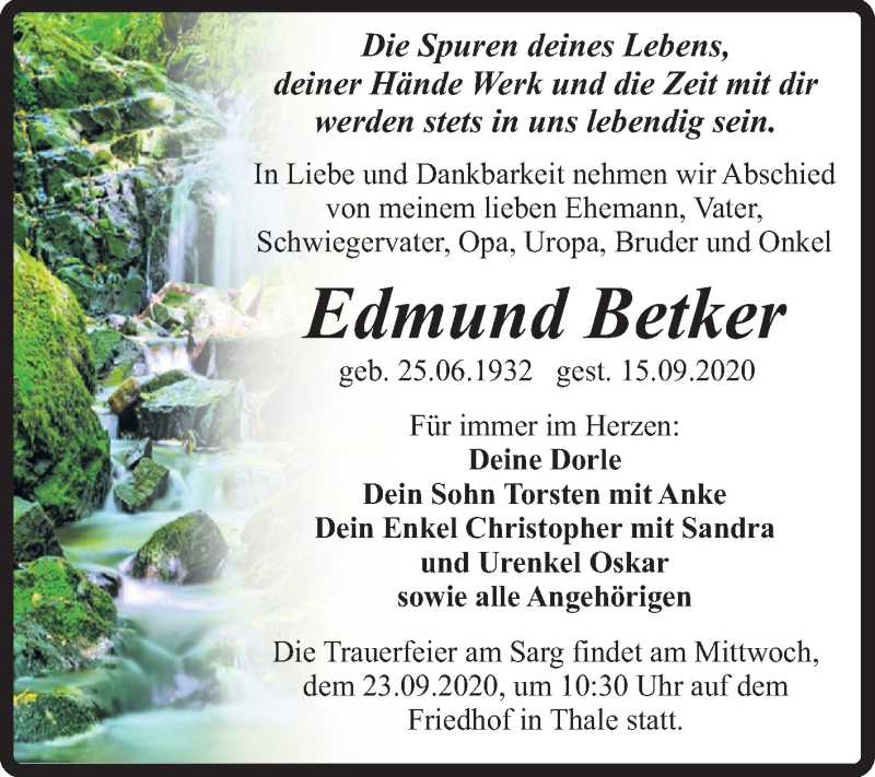  Traueranzeige für Edmund Betken vom 19.09.2020 aus Mitteldeutsche Zeitung Quedlinburg