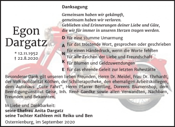 Traueranzeige von Egon Dargatz von Mitteldeutsche Zeitung Köthen