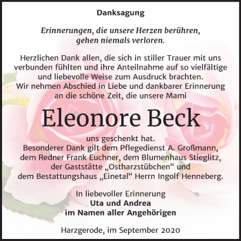 Traueranzeige von Eleonore Beck von Super Sonntag Quedlinburg
