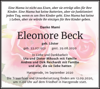 Traueranzeige von Eleonore Beck von Super Sonntag Quedlinburg