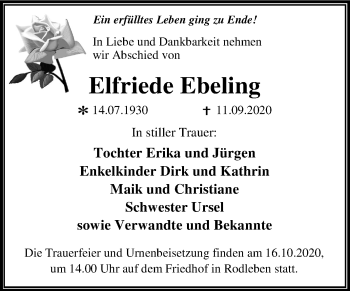 Traueranzeige von Elfriede Ebeling von Super Sonntag Dessau-Roßlau