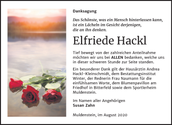 Traueranzeige von Elfriede Hackl von Wochenspiegel Bitterfeld