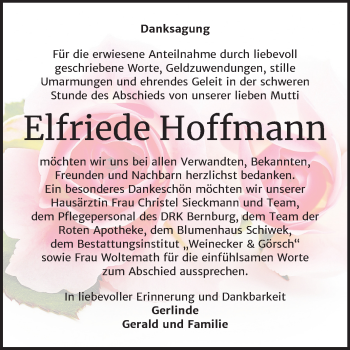 Traueranzeige von Elfriede Hoffmann von Mitteldeutsche Zeitung Bernburg