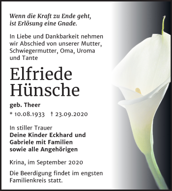 Traueranzeige von Elfriede Hünsche von Wochenspiegel Bitterfeld