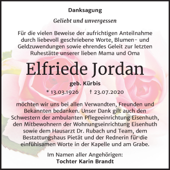 Traueranzeige von Elfriede Jordan von Super Sonntag Köthen