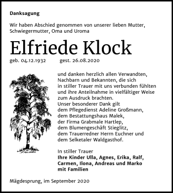 Traueranzeige von Elfriede Klock von Super Sonntag Quedlinburg