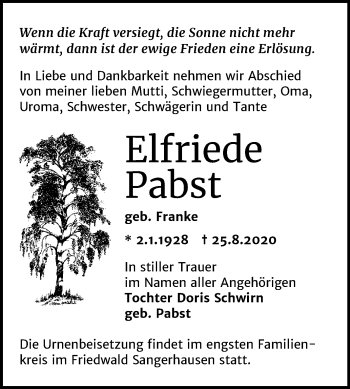 Traueranzeige von Elfriede Pabst von Mitteldeutsche Zeitung Mansfelder Land