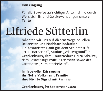 Traueranzeige von Elfriede Sütterlin von Mitteldeutsche Zeitung Wittenberg