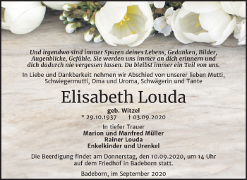 Traueranzeige von Elisabeth Louda von Mitteldeutsche Zeitung Quedlinburg