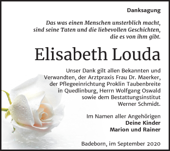 Traueranzeige von Elisabeth Louda von Super Sonntag Quedlinburg