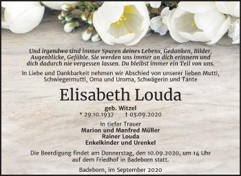 Traueranzeige von Elisabeth Louda von Wochenspiegel Quedlinburg