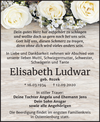 Traueranzeige von Elisabeth Ludwar von Super Sonntag Köthen