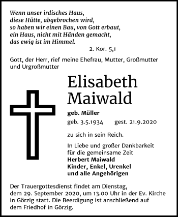 Traueranzeige von Elisabeth Maiwald von Super Sonntag Köthen