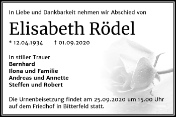 Traueranzeige von Elisabeth Rödel von Wochenspiegel Bitterfeld