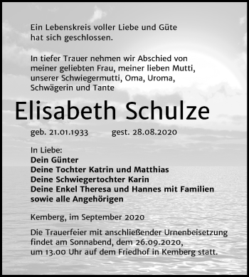 Traueranzeige von Elisabeth Schulze von Super Sonntag Wittenberg