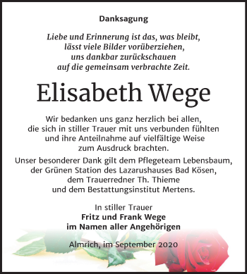 Traueranzeige von Elisabeth Wege von Wochenspiegel Naumburg/Nebra