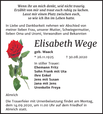 Traueranzeige von Elisabeth Wege von Mitteldeutsche Zeitung Naumburg/Nebra