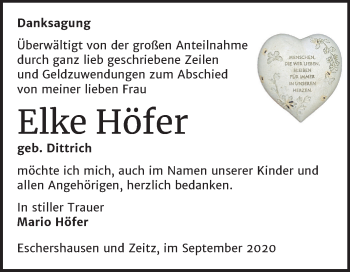 Traueranzeige von Elke Höfer von Mitteldeutsche Zeitung Zeitz