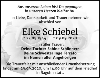 Traueranzeige von Elke Schiebel von Mitteldeutsche Zeitung Bitterfeld