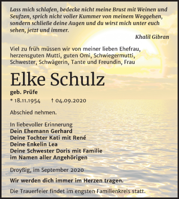 Traueranzeige von Elke Schulz von Super Sonntag Zeitz