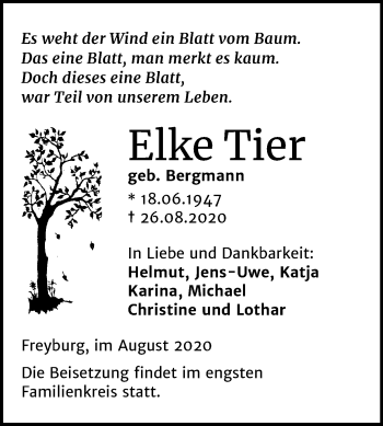 Traueranzeige von Elke Tier von Wochenspiegel Naumburg/Nebra