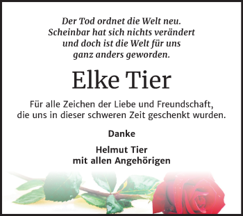 Traueranzeige von Elke Tier von Wochenspiegel Naumburg/Nebra