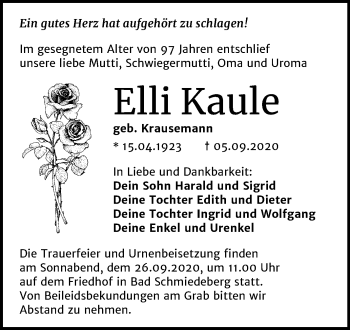 Traueranzeige von Elli Kaule von Mitteldeutsche Zeitung Wittenberg