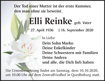 Traueranzeige von Elli Reinke von Mitteldeutsche Zeitung Quedlinburg