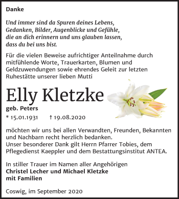 Traueranzeige von Elly Kletzke von Mitteldeutsche Zeitung Wittenberg