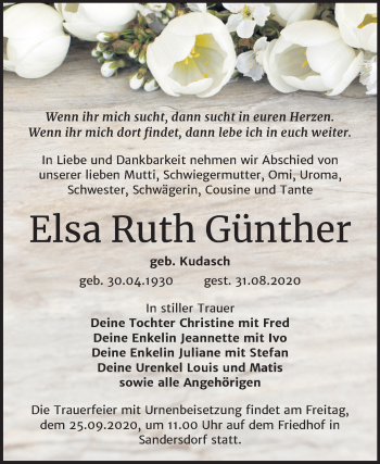 Traueranzeige von Elsa Ruth Günther von Wochenspiegel Bitterfeld