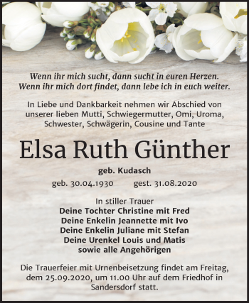 Traueranzeige von Elsa Ruth Günther von Mitteldeutsche Zeitung Bitterfeld