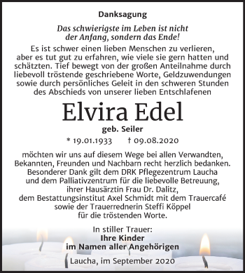 Traueranzeige von Elvira Edel von Wochenspiegel Naumburg/Nebra