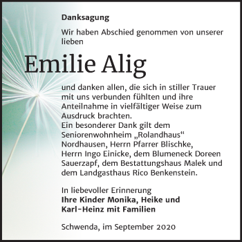 Traueranzeige von Emilie Alig von Super Sonntag Sangerhausen