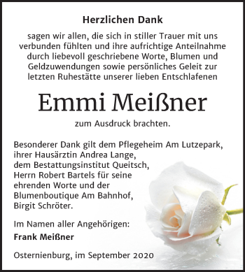 Traueranzeige von Emmi Meißner von Mitteldeutsche Zeitung Köthen