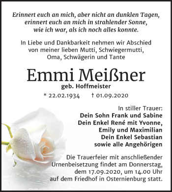 Traueranzeige von Emmi Meißner von Mitteldeutsche Zeitung Köthen