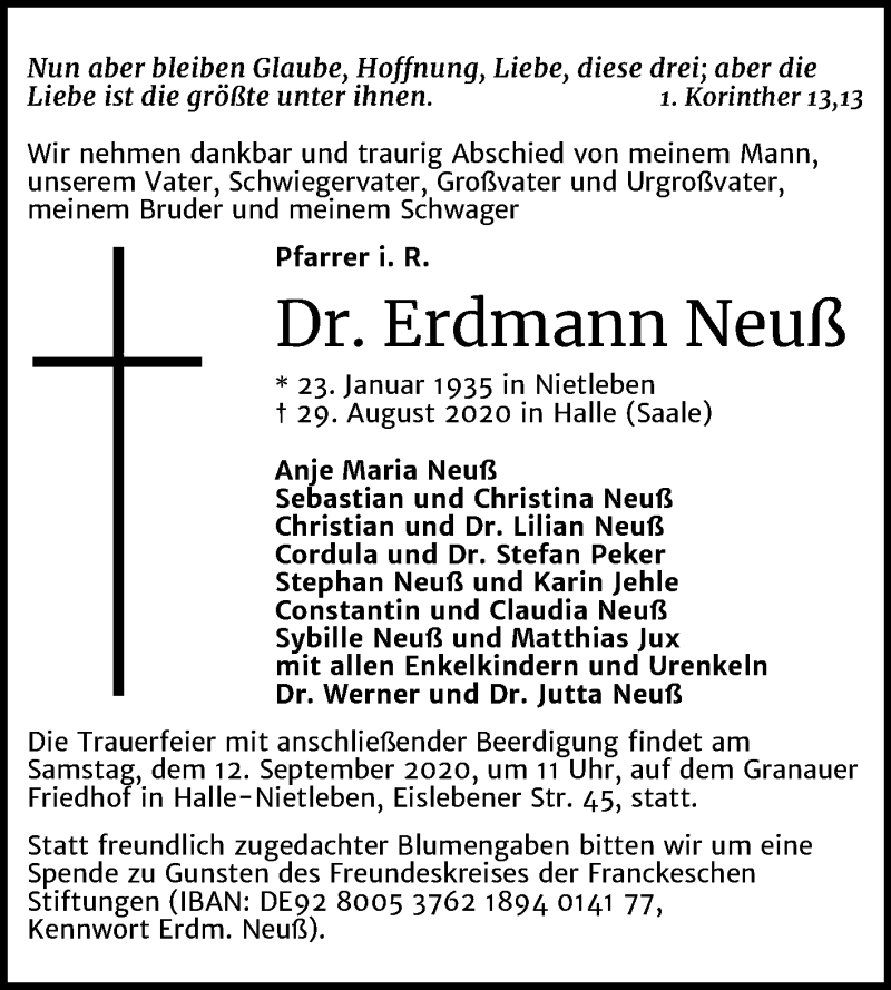  Traueranzeige für Erdmann Neuß vom 05.09.2020 aus Mitteldeutsche Zeitung Halle/Saalkreis