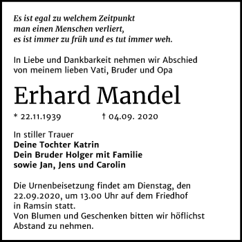 Traueranzeige von Erhard Mandel von Wochenspiegel Bitterfeld