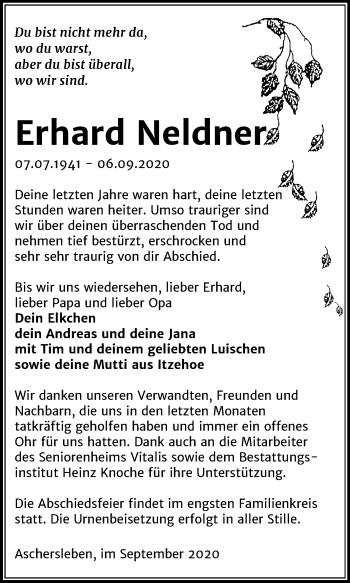Traueranzeige von Erhard Neldner von Super Sonntag Aschersleben