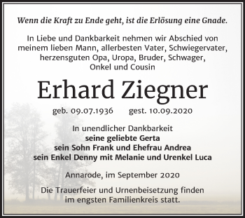 Traueranzeige von Erhard Ziegner von Mitteldeutsche Zeitung Mansfelder Land