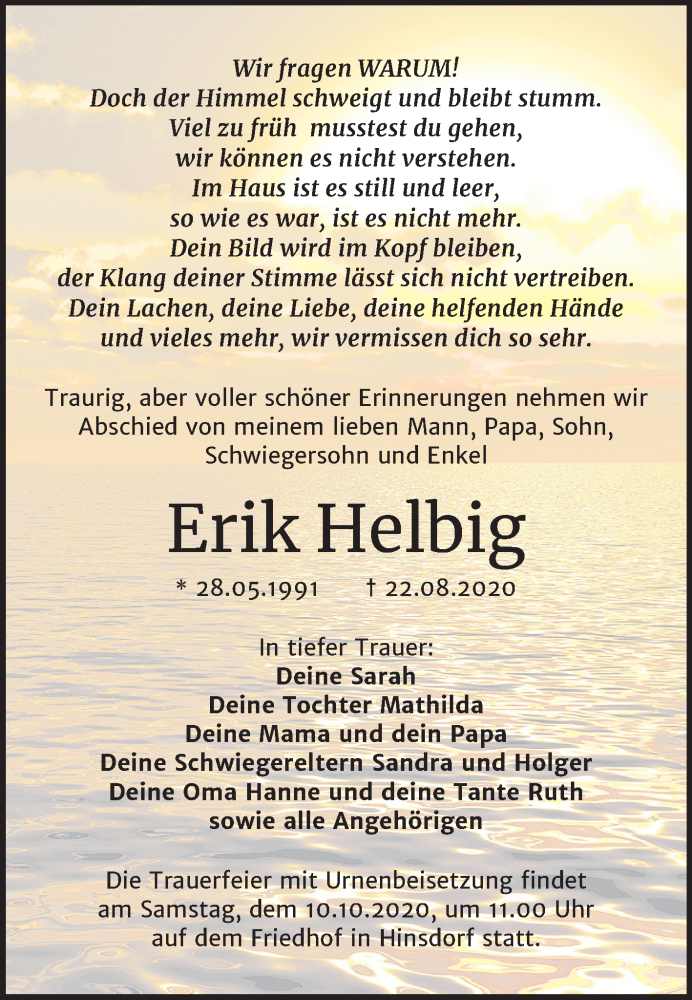  Traueranzeige für Erik Helbig vom 12.09.2020 aus Mitteldeutsche Zeitung Köthen