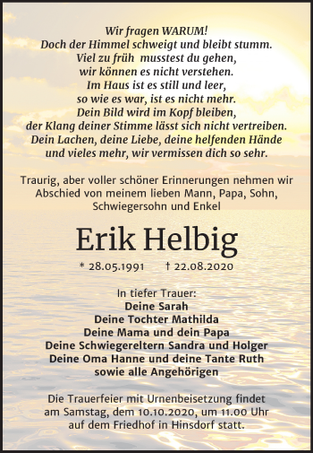 Traueranzeige von Erik Helbig von Mitteldeutsche Zeitung Bitterfeld