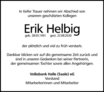 Traueranzeige von Erik Helbig von Super Sonntag Halle/Saalkreis