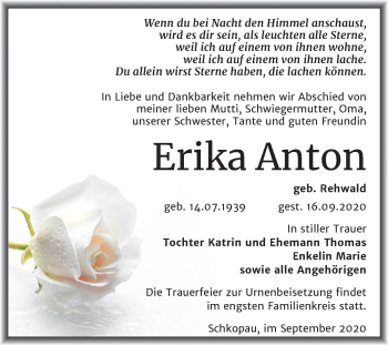 Traueranzeige von Erika Anton von Wochenspiegel Merseburg/Querfurt