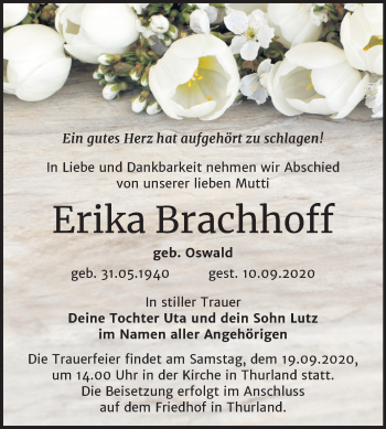 Traueranzeige von Erika Brachhoff von Wochenspiegel Bitterfeld