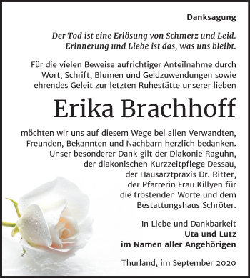 Traueranzeige von Erika Brachhoff von Mitteldeutsche Zeitung Bitterfeld
