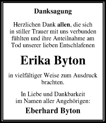Traueranzeige von Erika Byton von Mitteldeutsche Zeitung Wittenberg