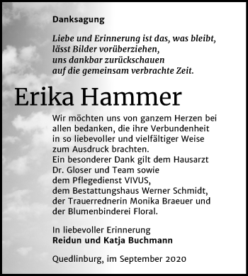 Traueranzeige von Erika Hammer von Super Sonntag Quedlinburg