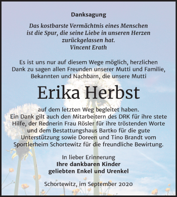 Traueranzeige von Erika Herbst von Super Sonntag Köthen