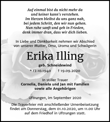 Traueranzeige von Erika Illing von Super Sonntag Sangerhausen